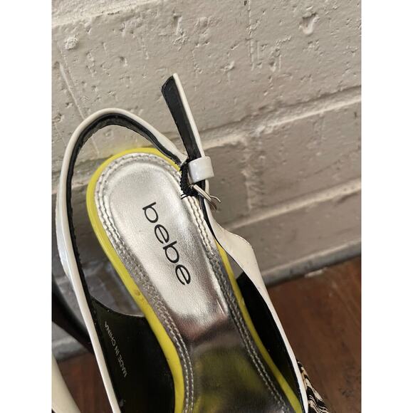 Bebe Roxanne Black/White/Neon Yellow Peep Toe Slingback 5" Platform Heel Size 5 - Picture 4 of 11